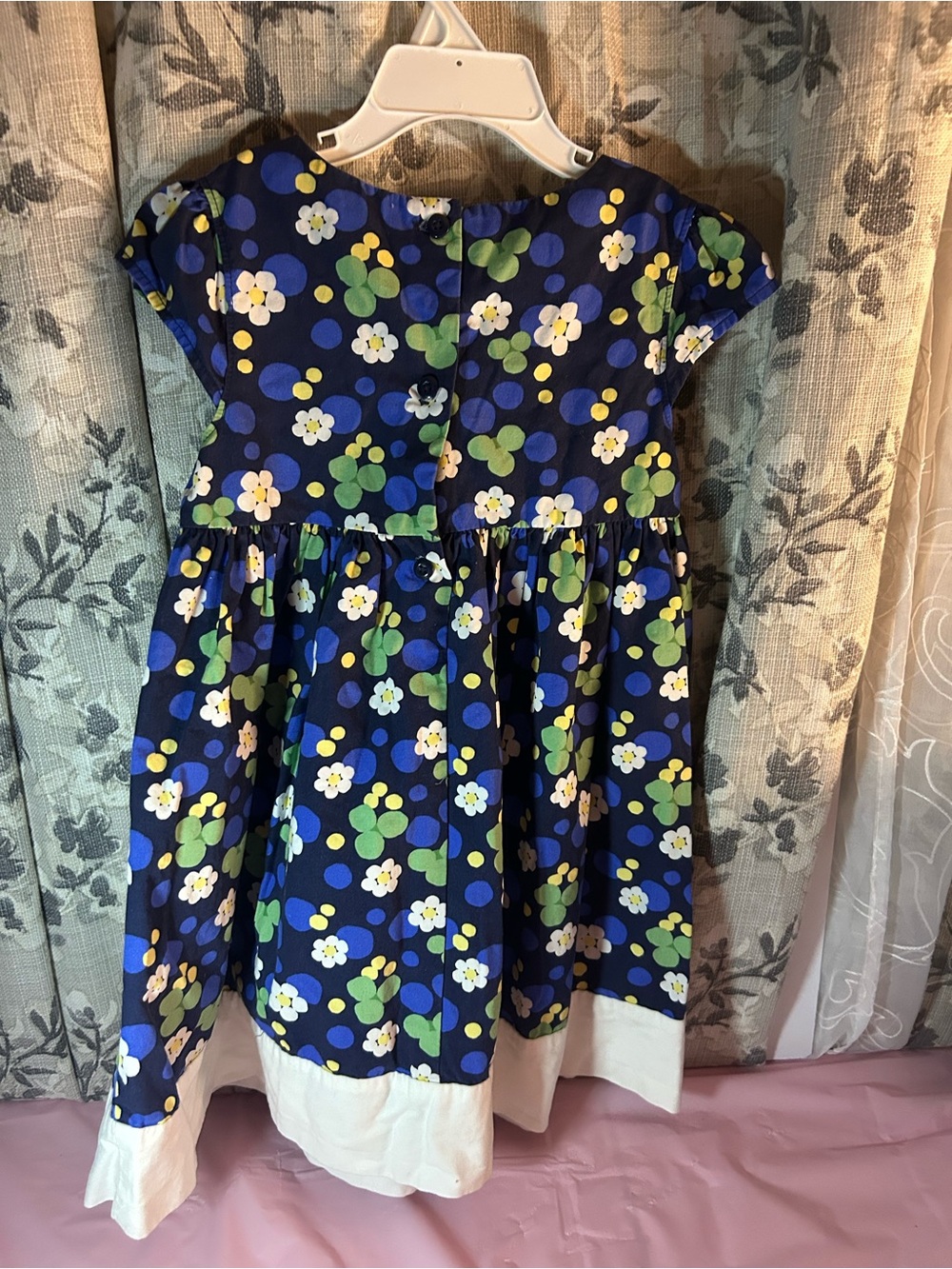 Gymboree Navy Floral Cotton Dress with White Hem and Green Accents